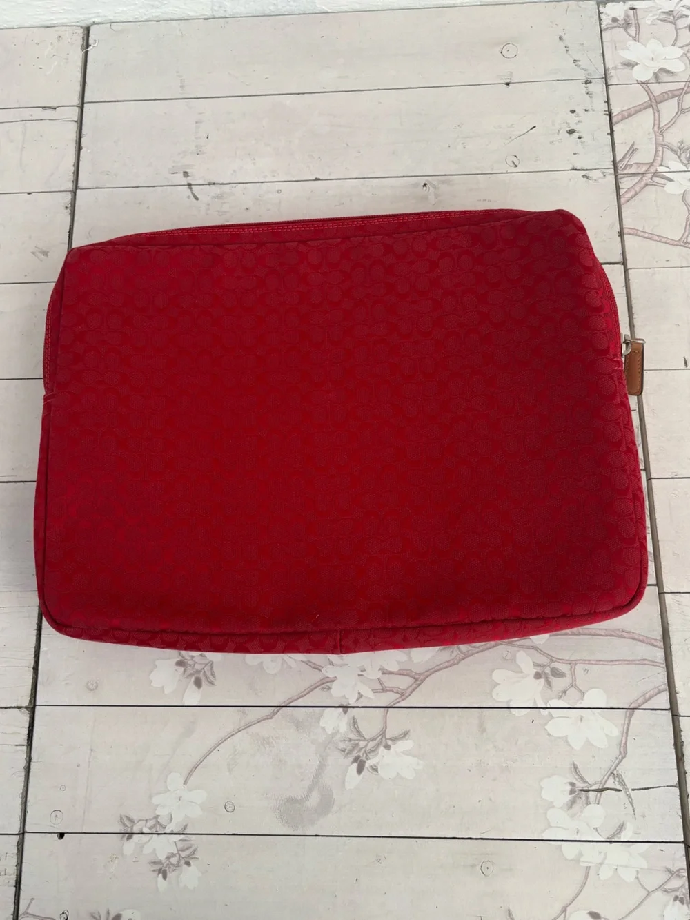 Coach Red Canvas Laptop Sleeve with Tan Leather Center Stripe